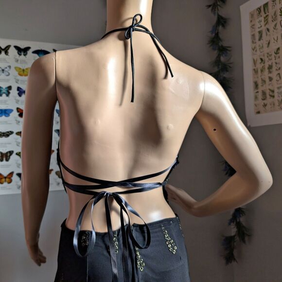 Vintage 90s y2k Kitty Halter Top 2 Piece Set Flare Pants Floral Gold Fairycore - Picture 10 of 16